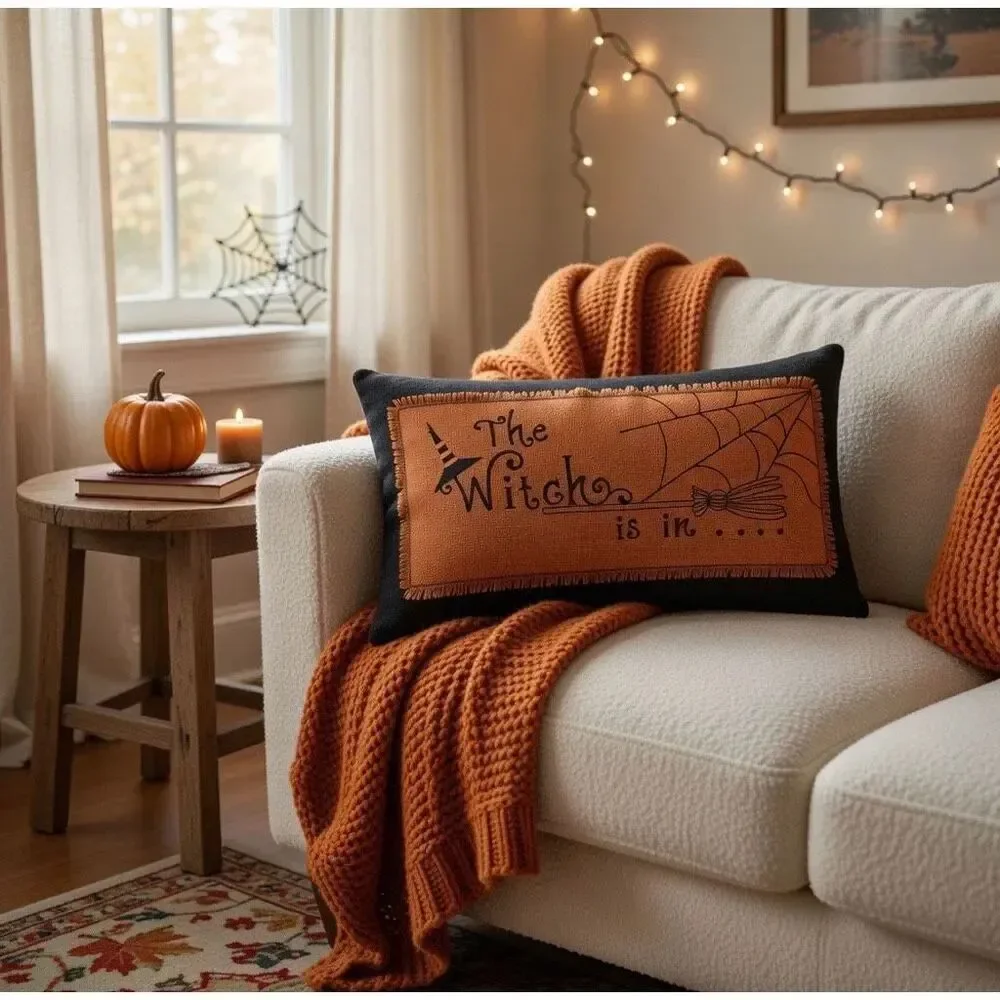 Canvas Glam “The Witch Is In” Pumpkin Witch Pillow Halloween Decor Orange